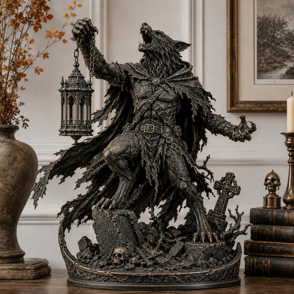 🌕🐺 Moonlit Werewolf Hunter Lantern Statue 🕯️🖤