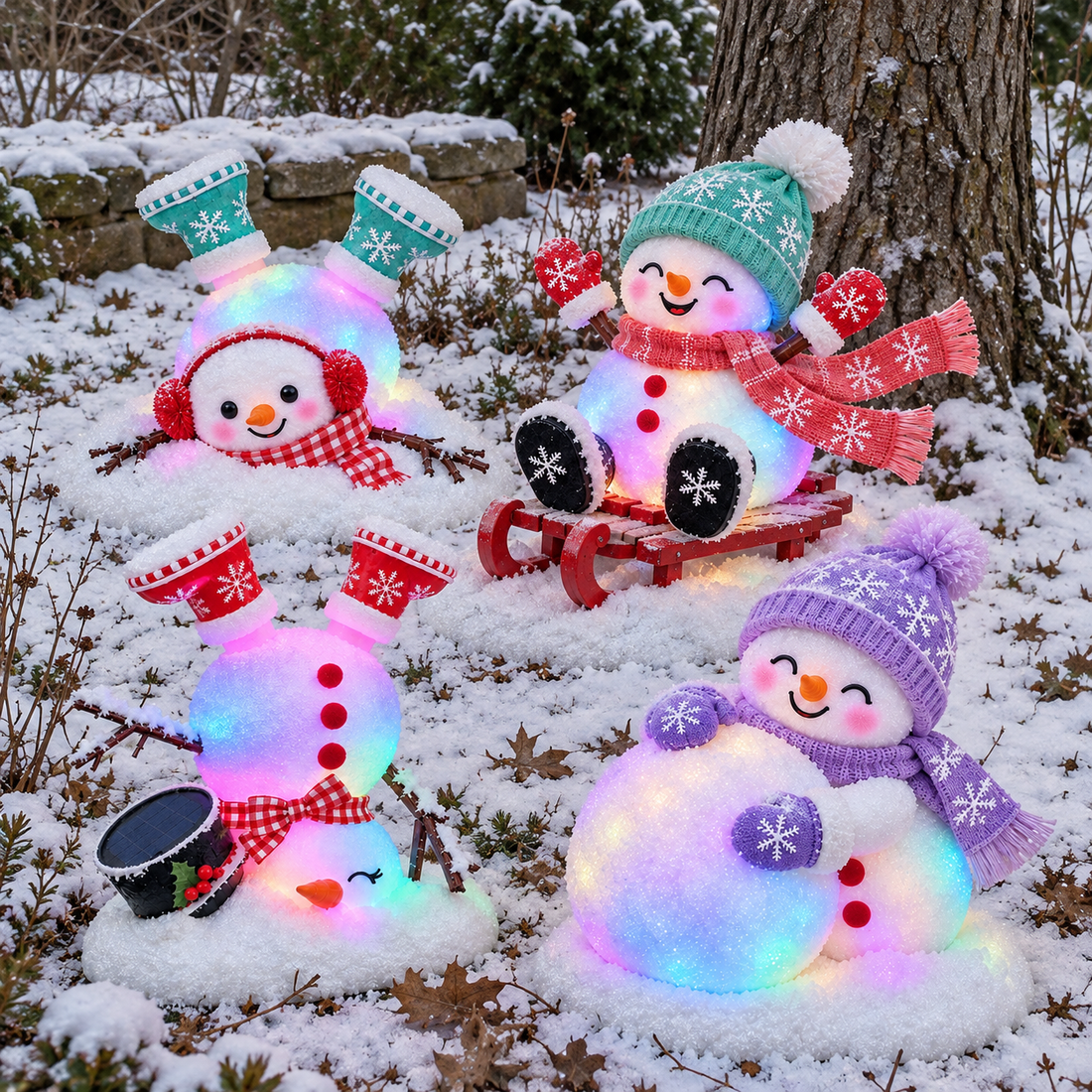 Four colorful glowing Christmas snowmen in a snowy winter garden, including two upside-down snowmen, a sledding snowman and a purple snowball snowman