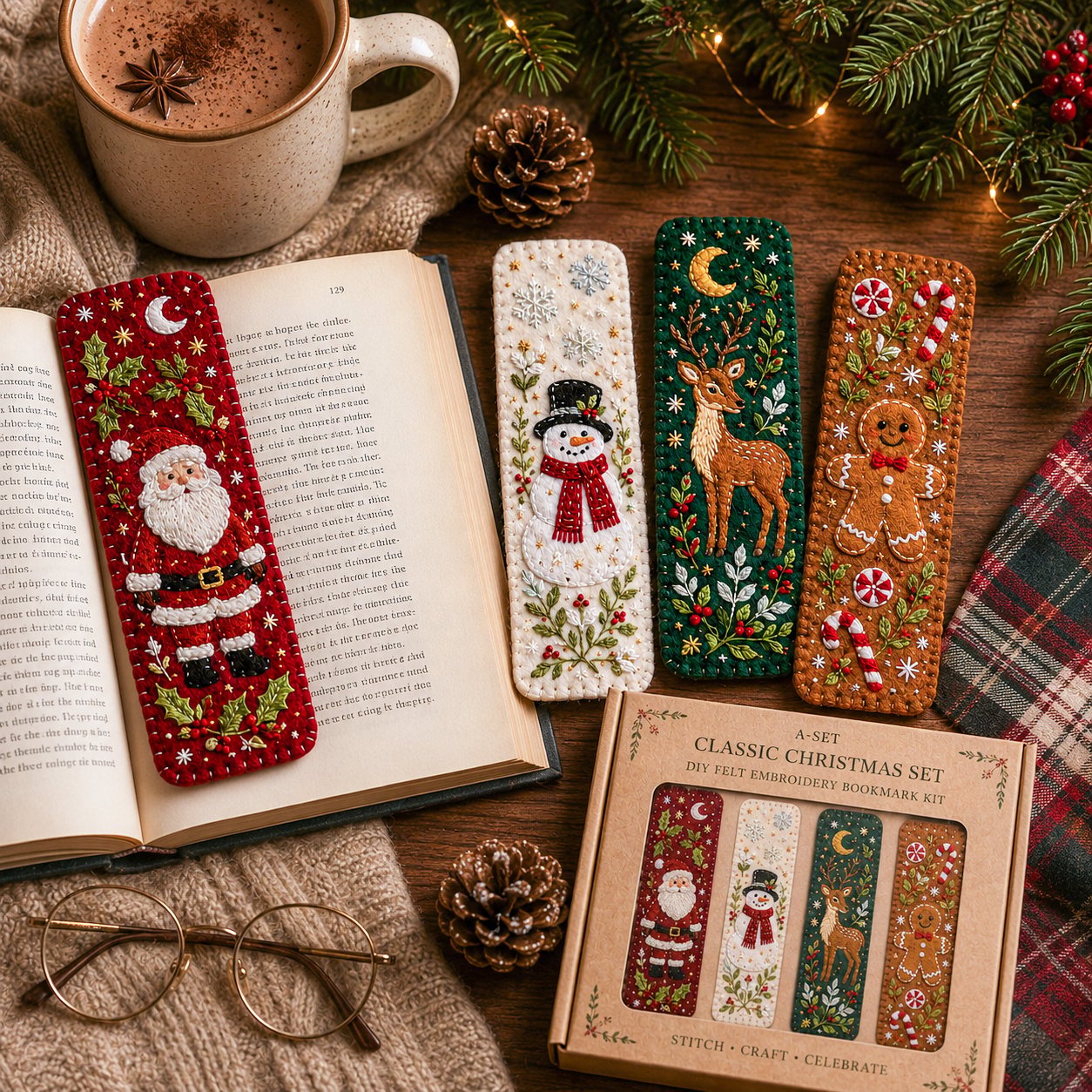 Handmade Christmas felt bookmark inside a book