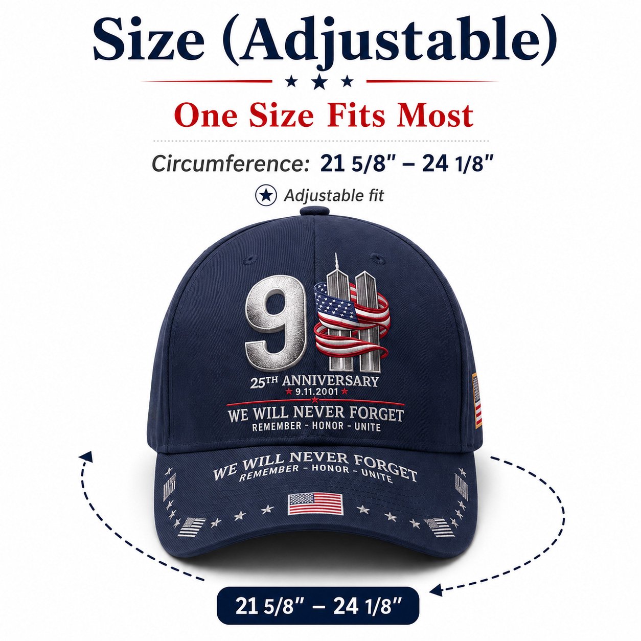Adjustable sizing information for 9/11 memorial baseball cap