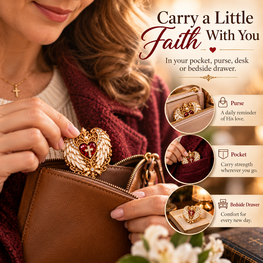 Carry the Faith keepsake shown in a purse, pocket and bedside setting