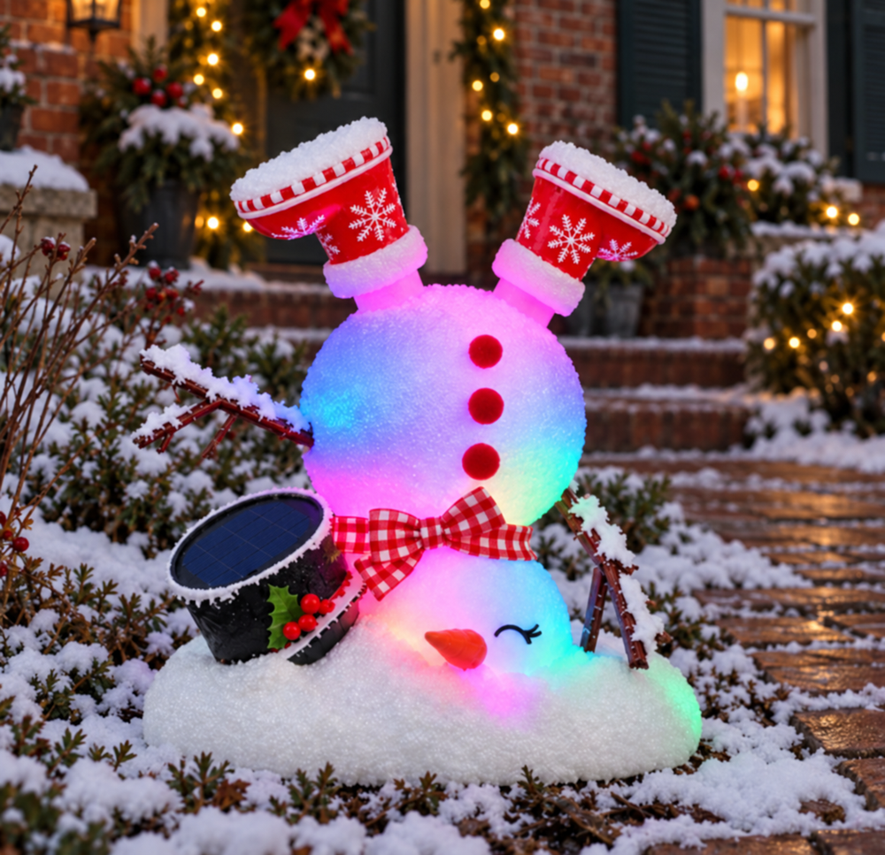 Flip-Flop Frosty snowman upside down with red snowflake boots raised in the air, black top hat tipped onto the snow and red gingham neck bow