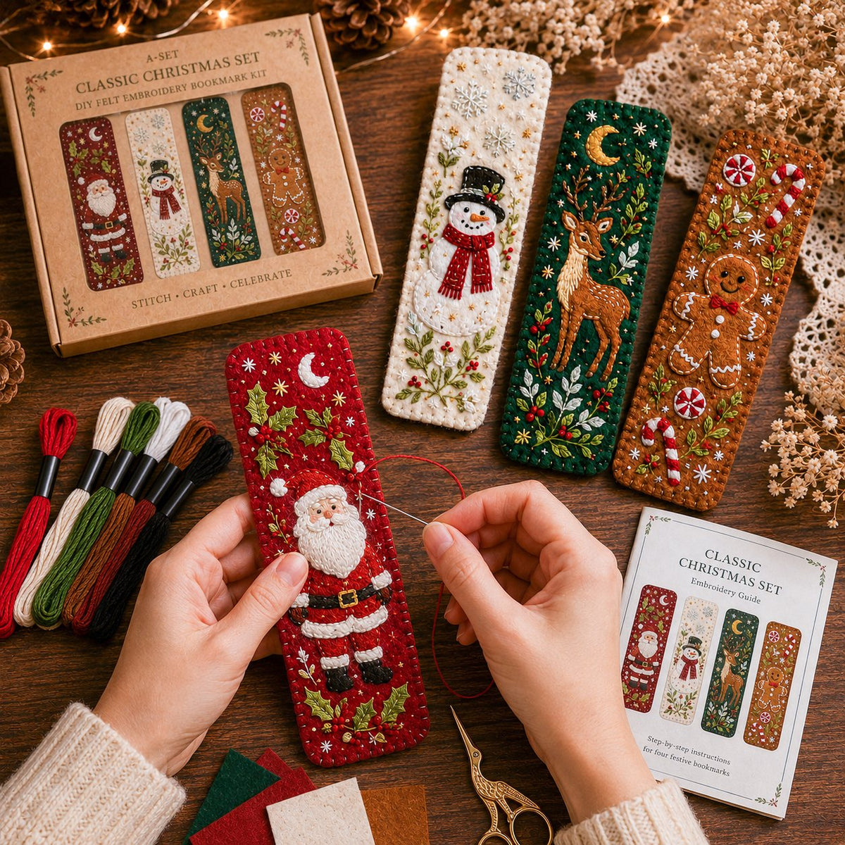 Hand stitching a Christmas felt bookmark