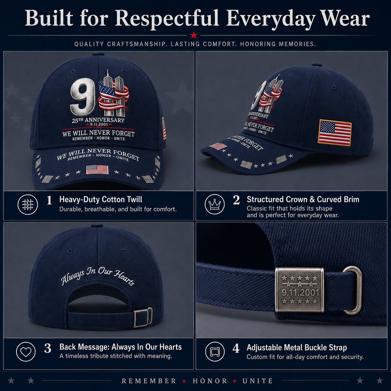 Front side back and adjustable closure details of 9/11 memorial cap