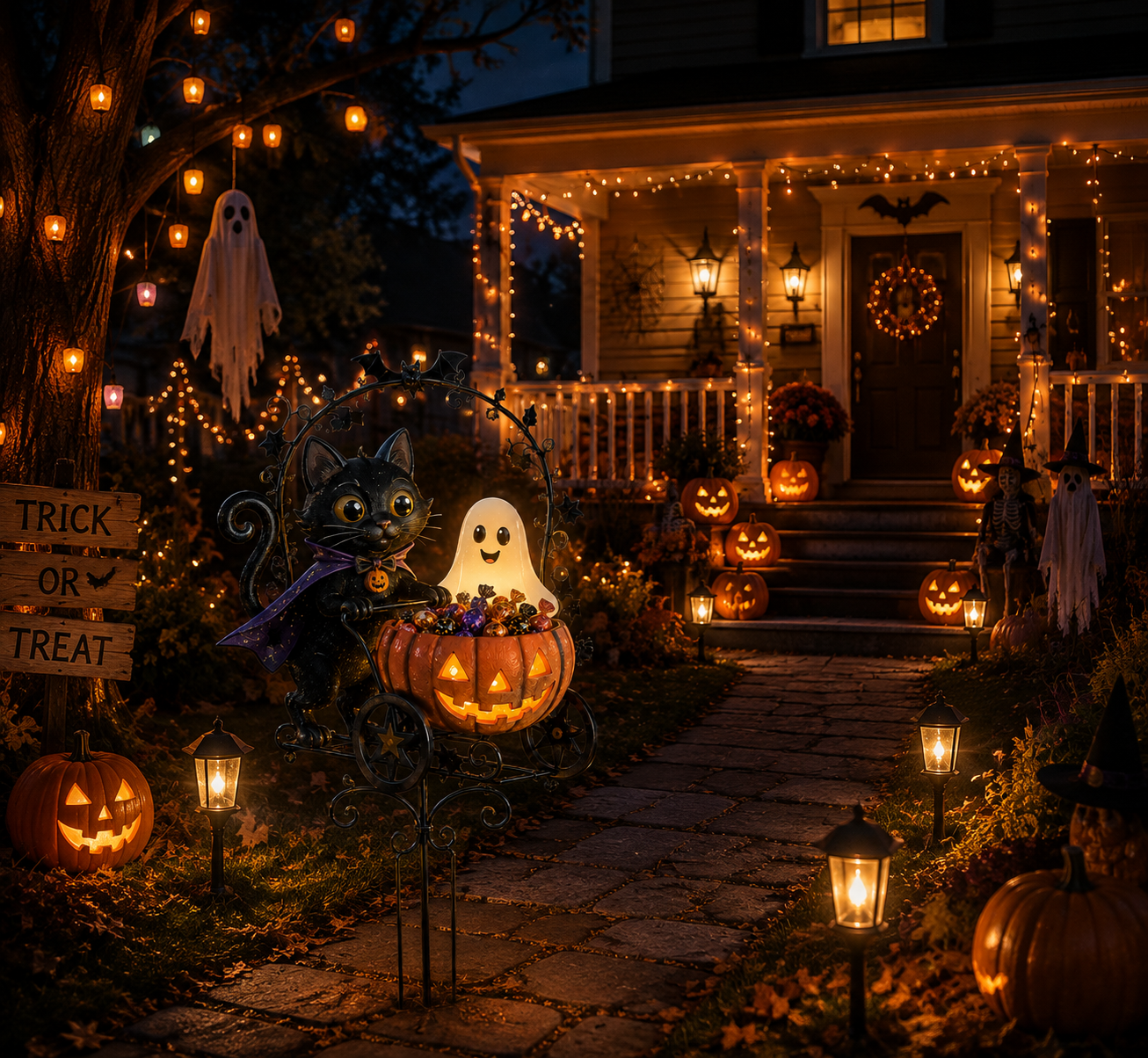 ✨🐈🎃 Halloween Black Cat Candy Wagon Garden Light 👻✨