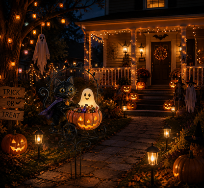 ✨🐈🎃 Halloween Black Cat Candy Wagon Garden Light 👻✨