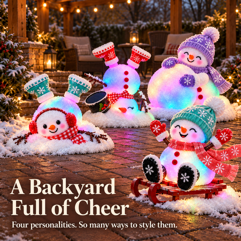 All four light-up snowmen glowing in pastel colors on a warmly lit Christmas patio at dusk