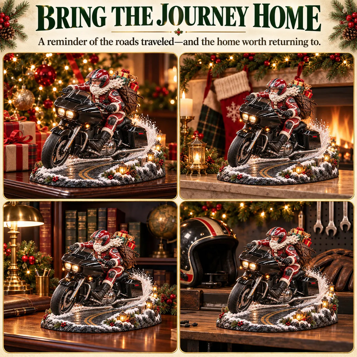 Santa motorcycle collectible displayed around the home and garage