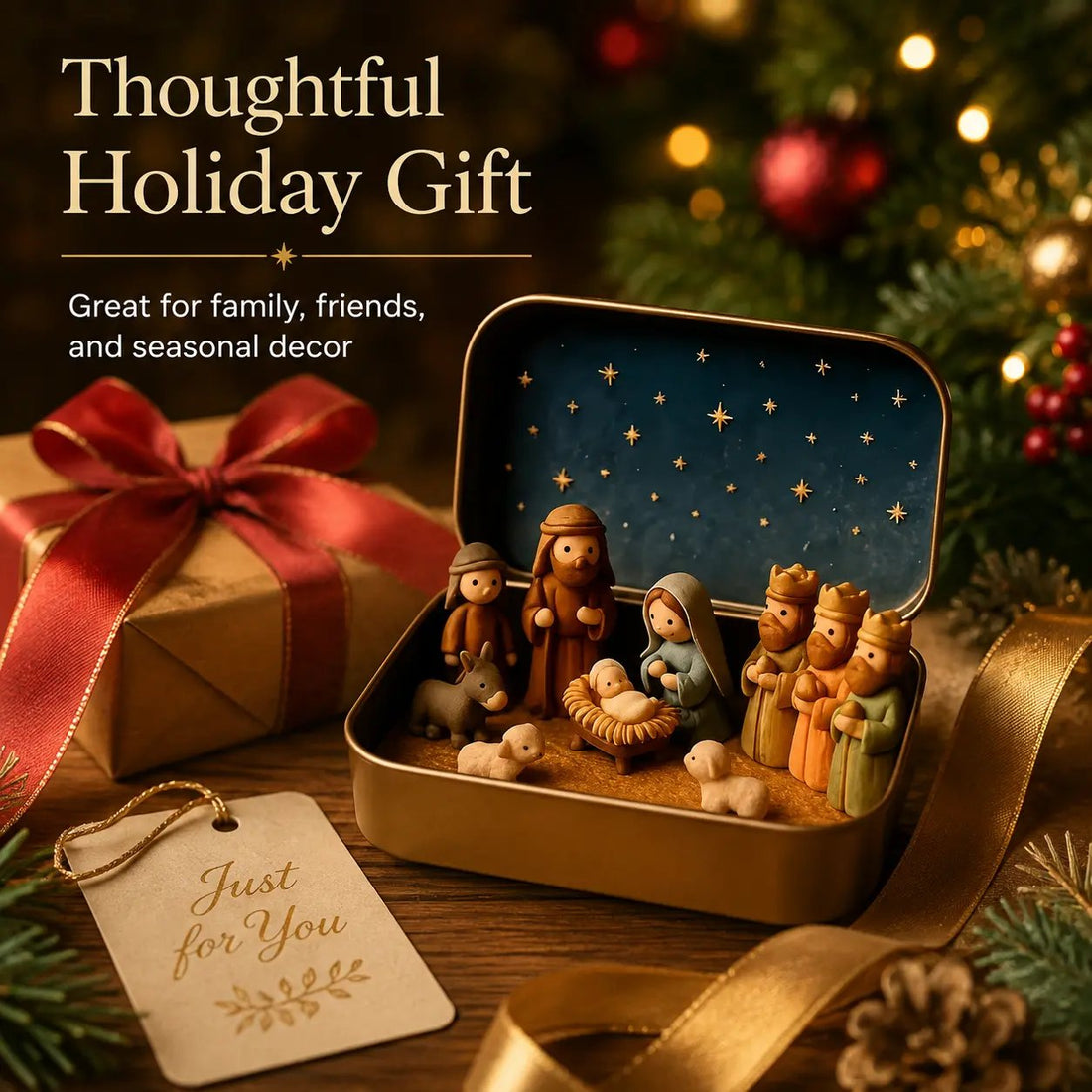 Pocket size Nativity box shown in hand for scale