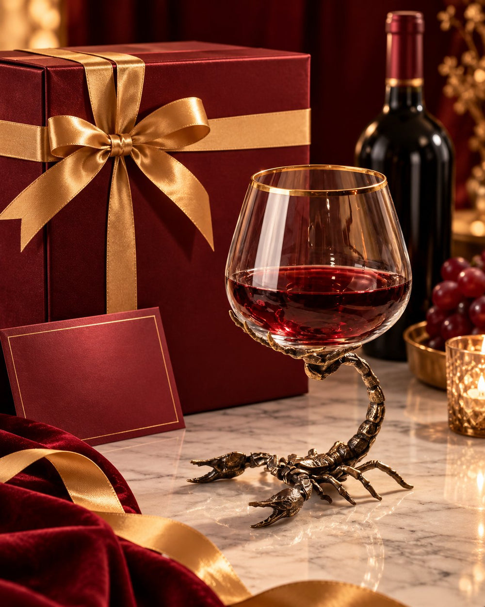 Scorpion brandy glass in a gift-themed setting