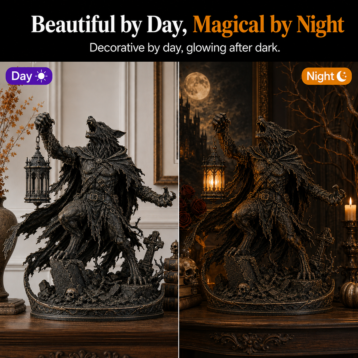 🌕🐺 Moonlit Werewolf Hunter Lantern Statue 🕯️🖤