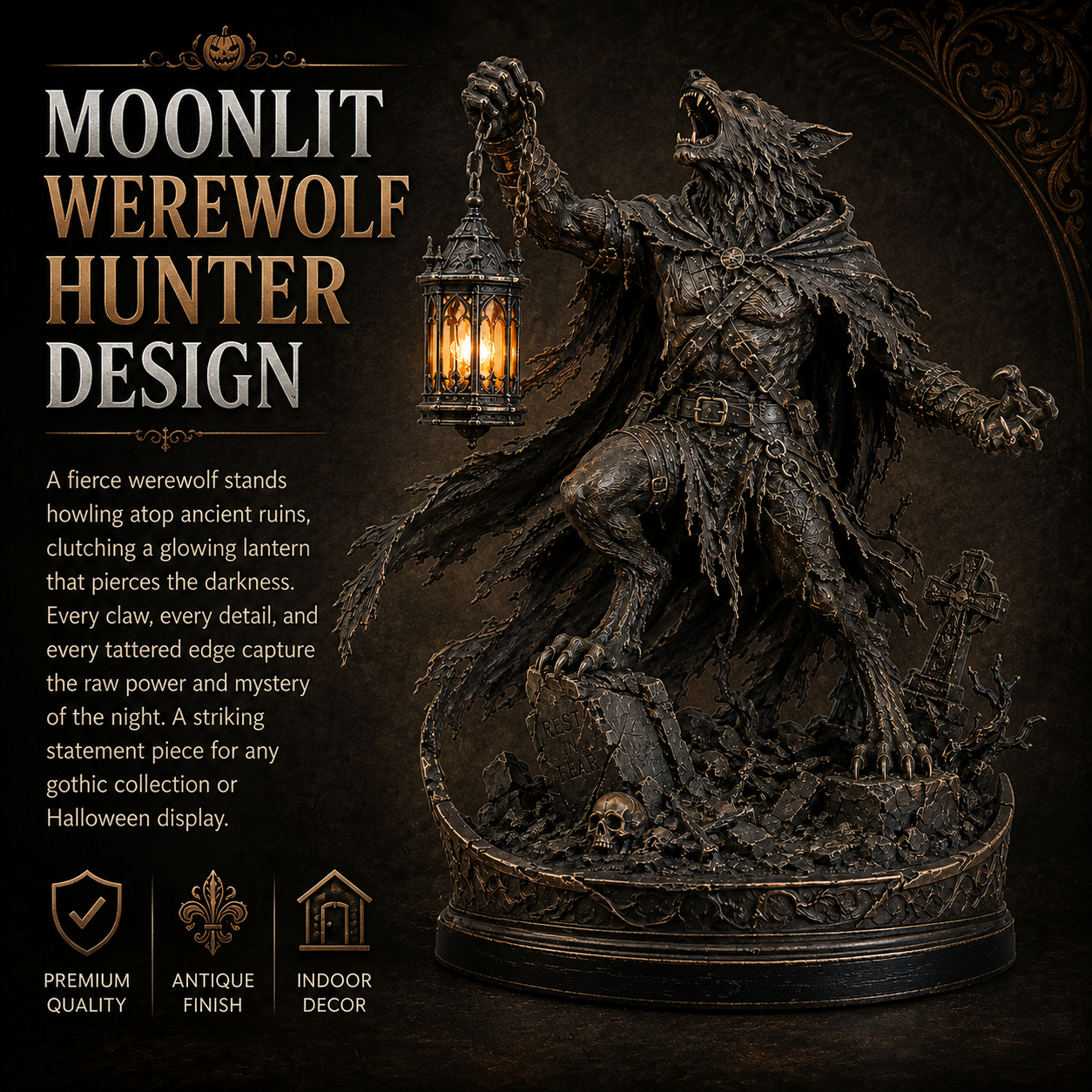 🌕🐺 Moonlit Werewolf Hunter Lantern Statue 🕯️🖤