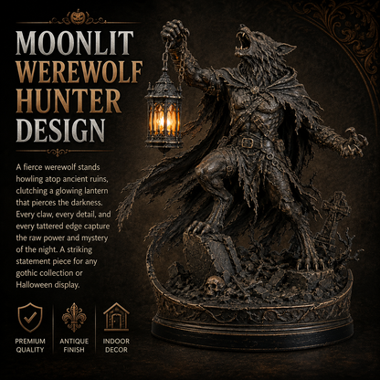 🌕🐺 Moonlit Werewolf Hunter Lantern Statue 🕯️🖤