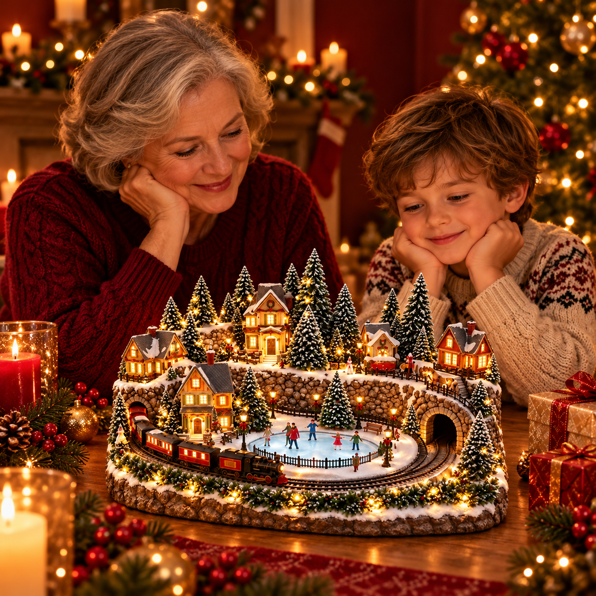 Grandmother and child enjoying a glowing Christmas village display
