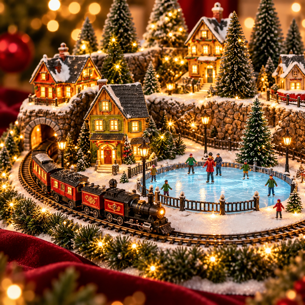 Detailed snowy Christmas village with miniature train skating rink and houses