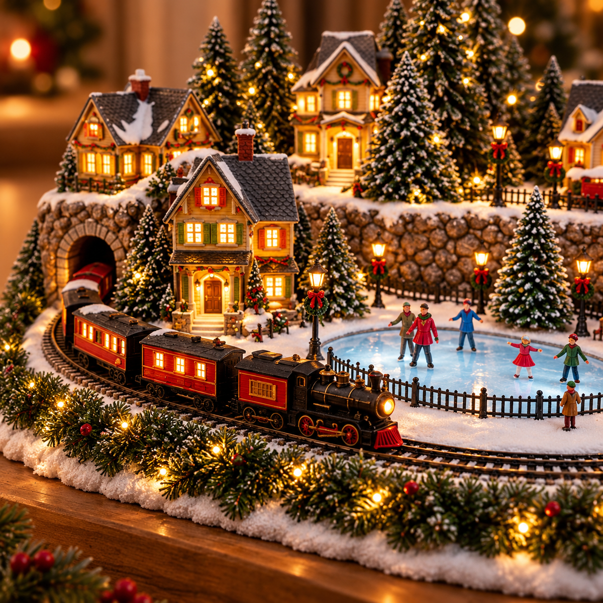 Detailed animated Christmas village with train snow trees and skating rink