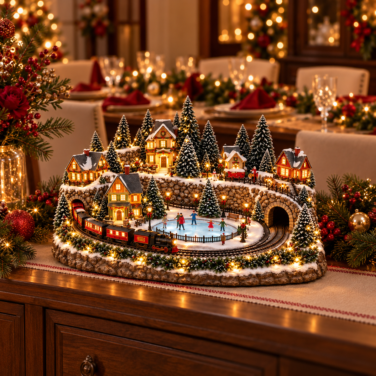 Lighted Christmas village displayed on holiday dining room sideboard