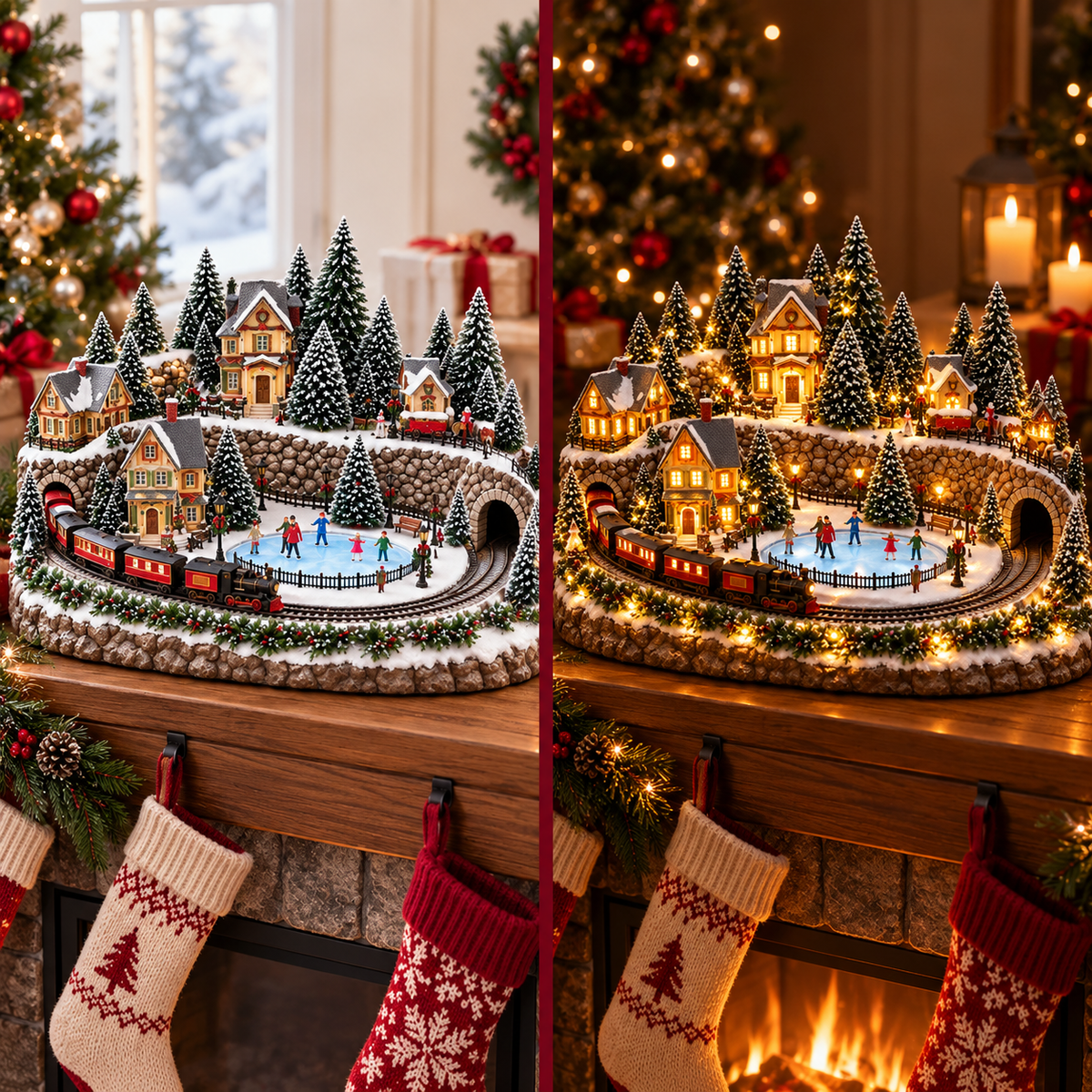 Christmas village shown with lights off and lights glowing