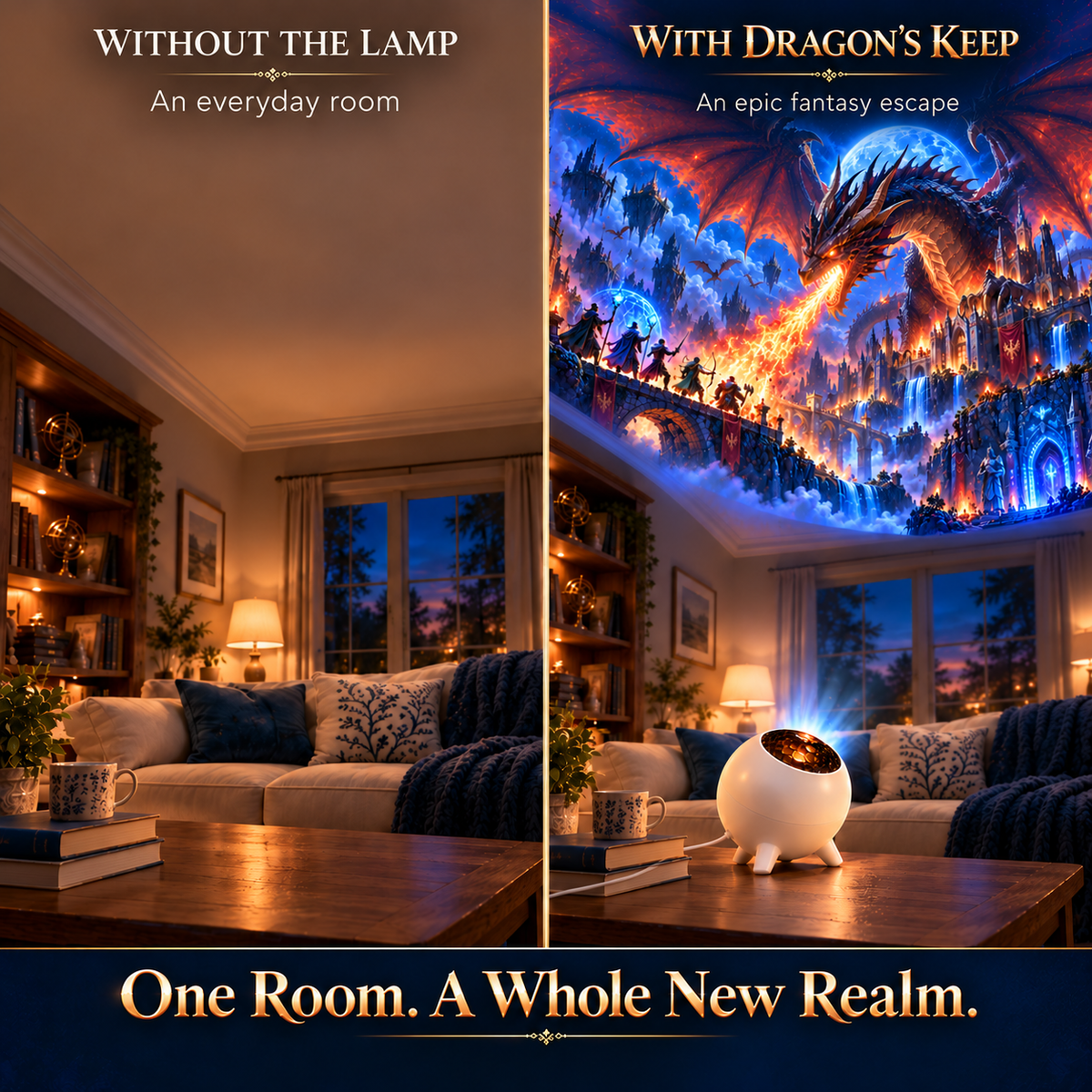 Room comparison showing an everyday living room and a dragon-and-castle-themed ceiling lighting scene