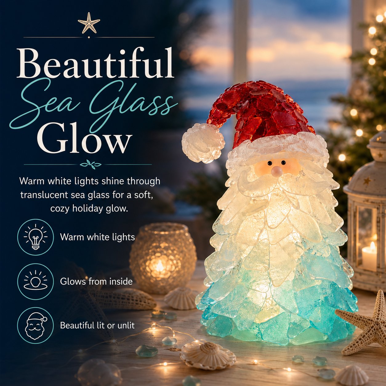 Lighted sea glass Santa glowing with fairy lights