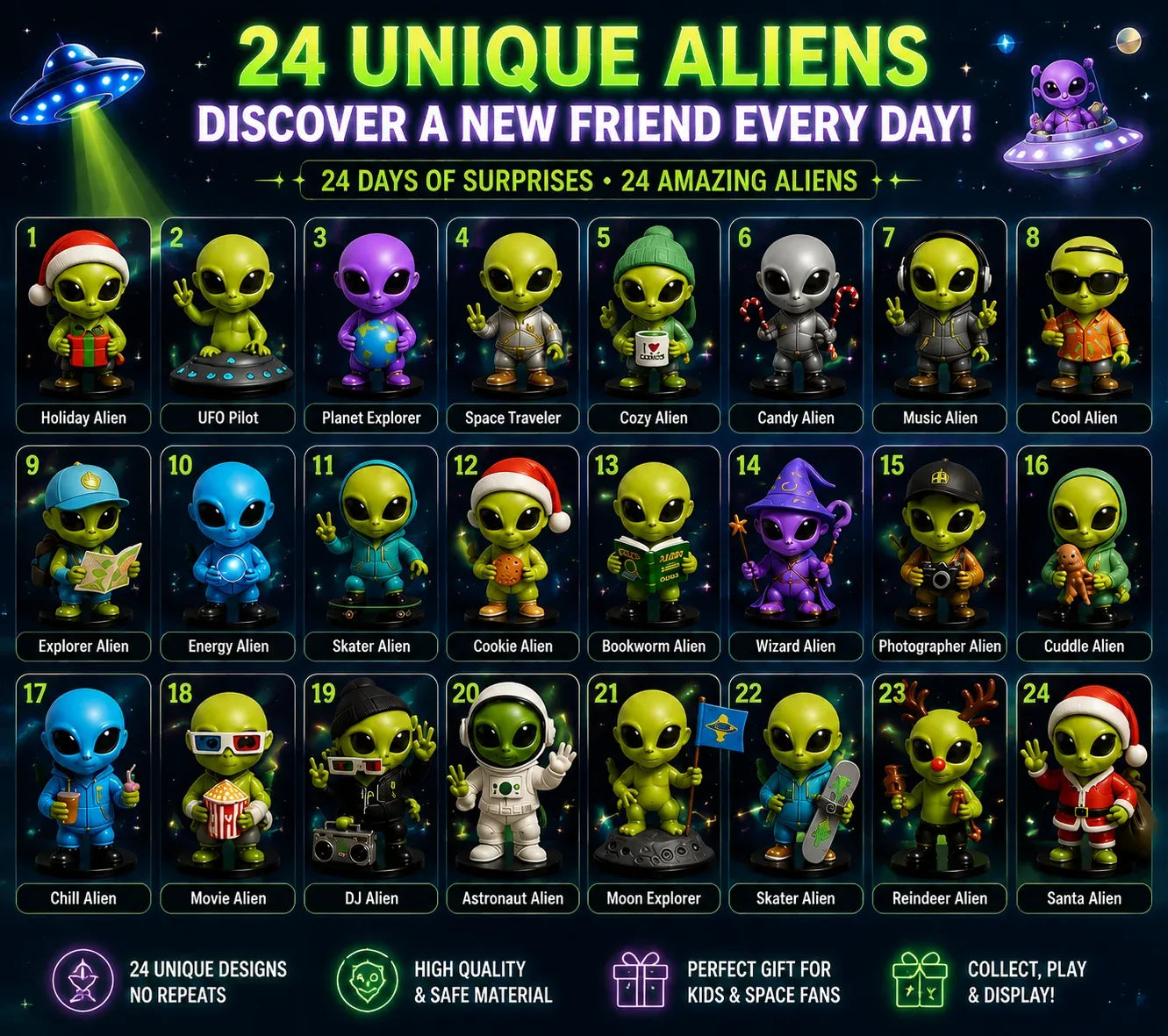 ⏳ Last Day 49% OFF – 👽 24 Days Of Alien Advent Calendar | 24 Unique No-Repeat Collectible Alien Characters for Space Lovers, Kids & Sci-Fi Fans 🚀