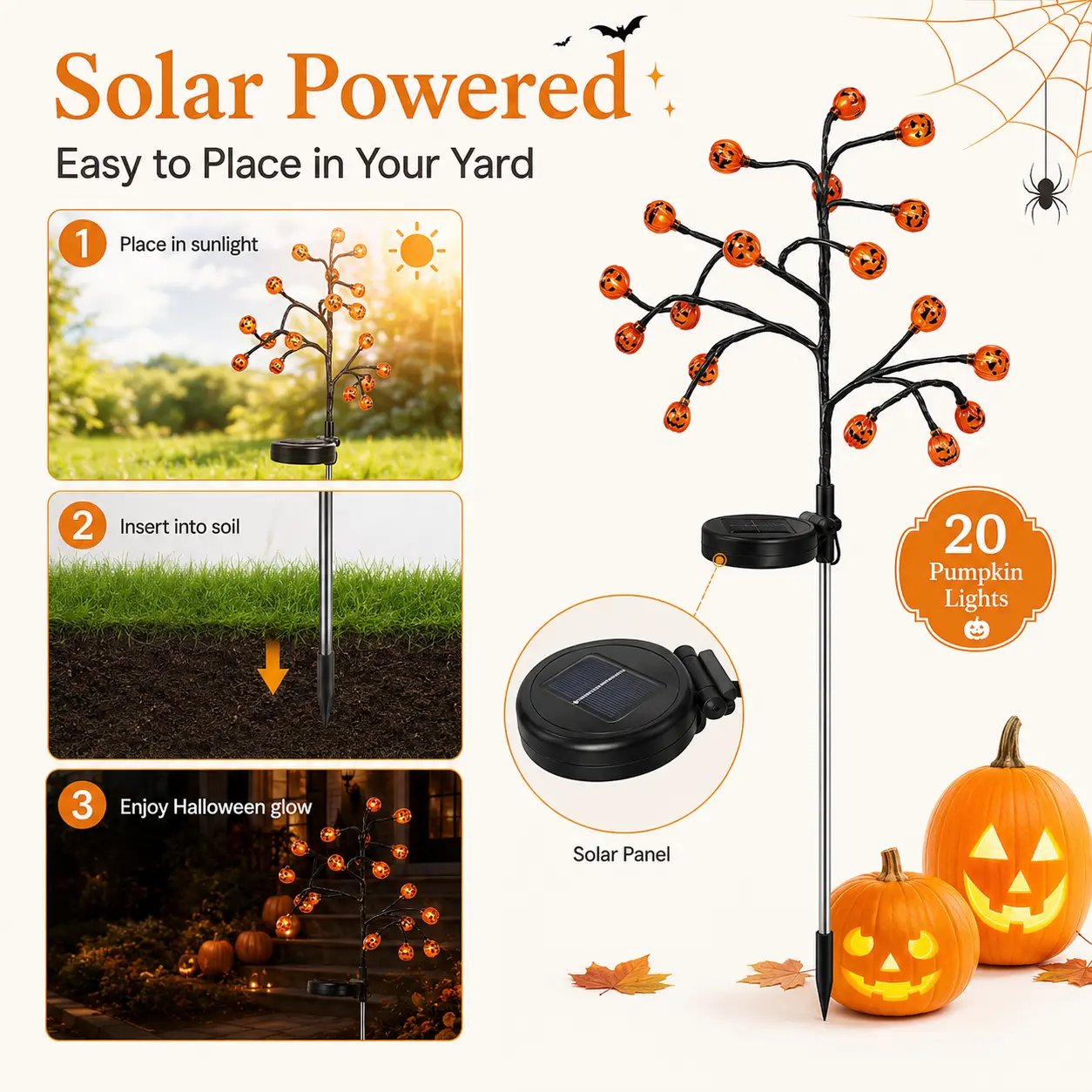 Solar Pumpkin Stake Lights, 20-Head Halloween Garden Lights with 8 Lighting Modes & Auto On/Off