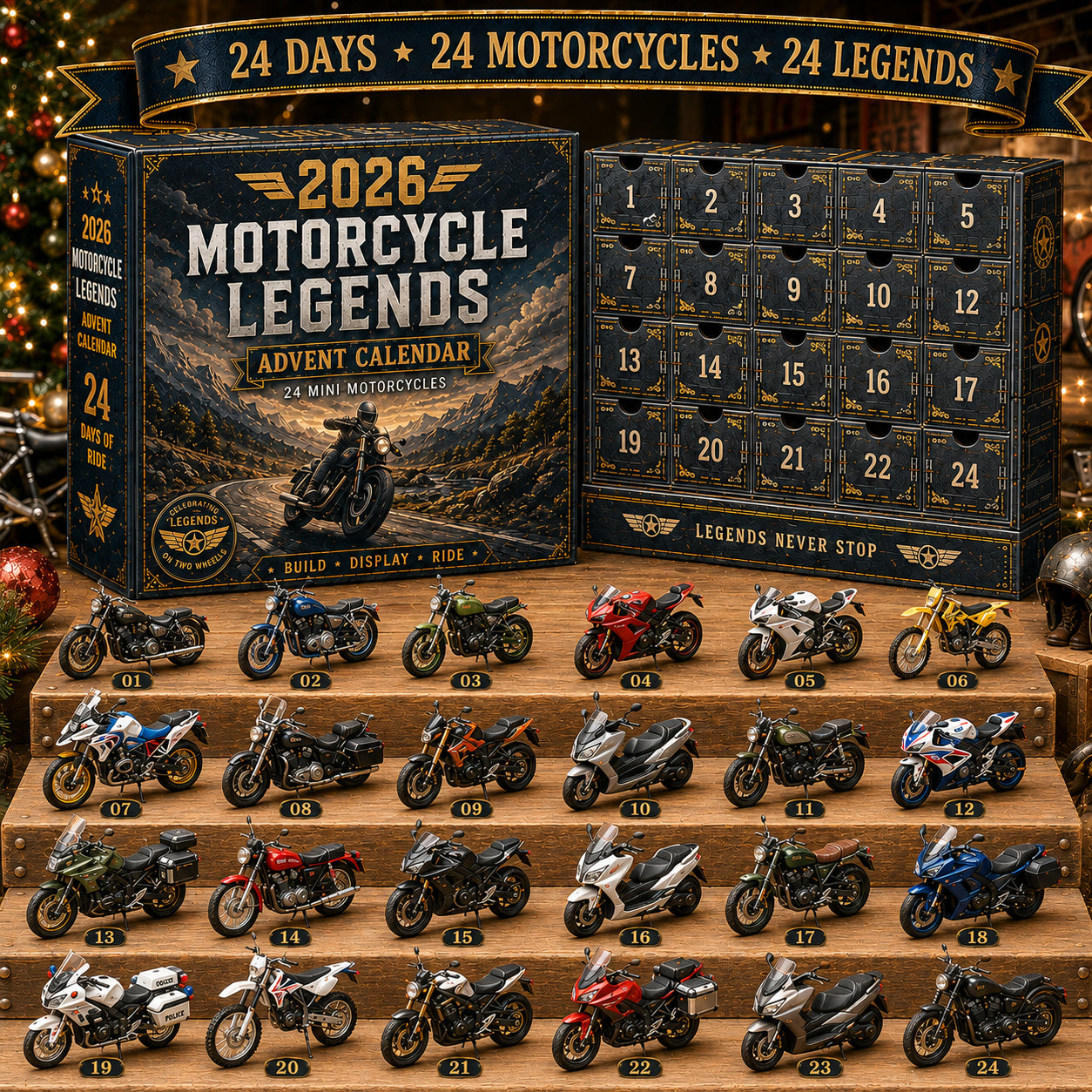 2026 Motorcycle Legends Advent Calendar with 24 miniature motorcycles