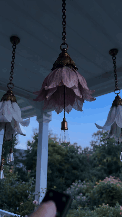 Vintage hanging flower lights turning on with a warm evening glow