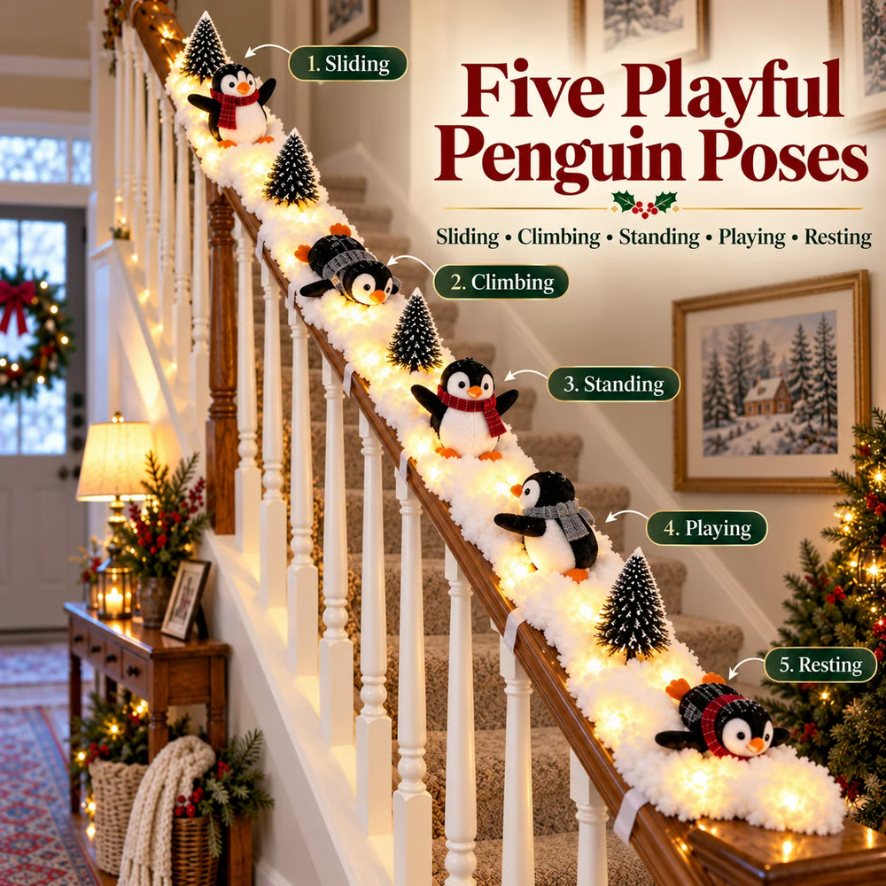 Penguin Christmas staircase evening decor