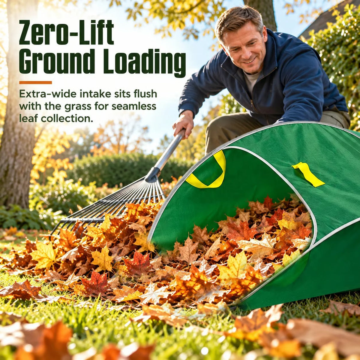 Gardener raking autumn leaves straight into the wide, low opening of the green pop-up garden waste bag