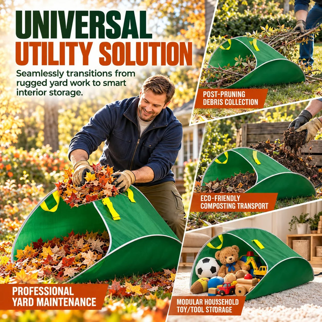 Garden bag pictured gathering leaves, pruned plant debris and dry compostable material during outdoor tidy-up tasks