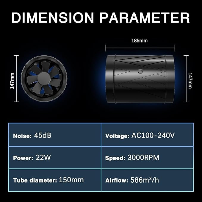 6-Inch High-Airflow Ventilation Extractor Fan with Variable Speed Controller – 345 CFM, 22W