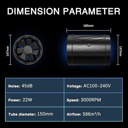 6-Inch High-Airflow Ventilation Extractor Fan with Variable Speed Controller – 345 CFM, 22W