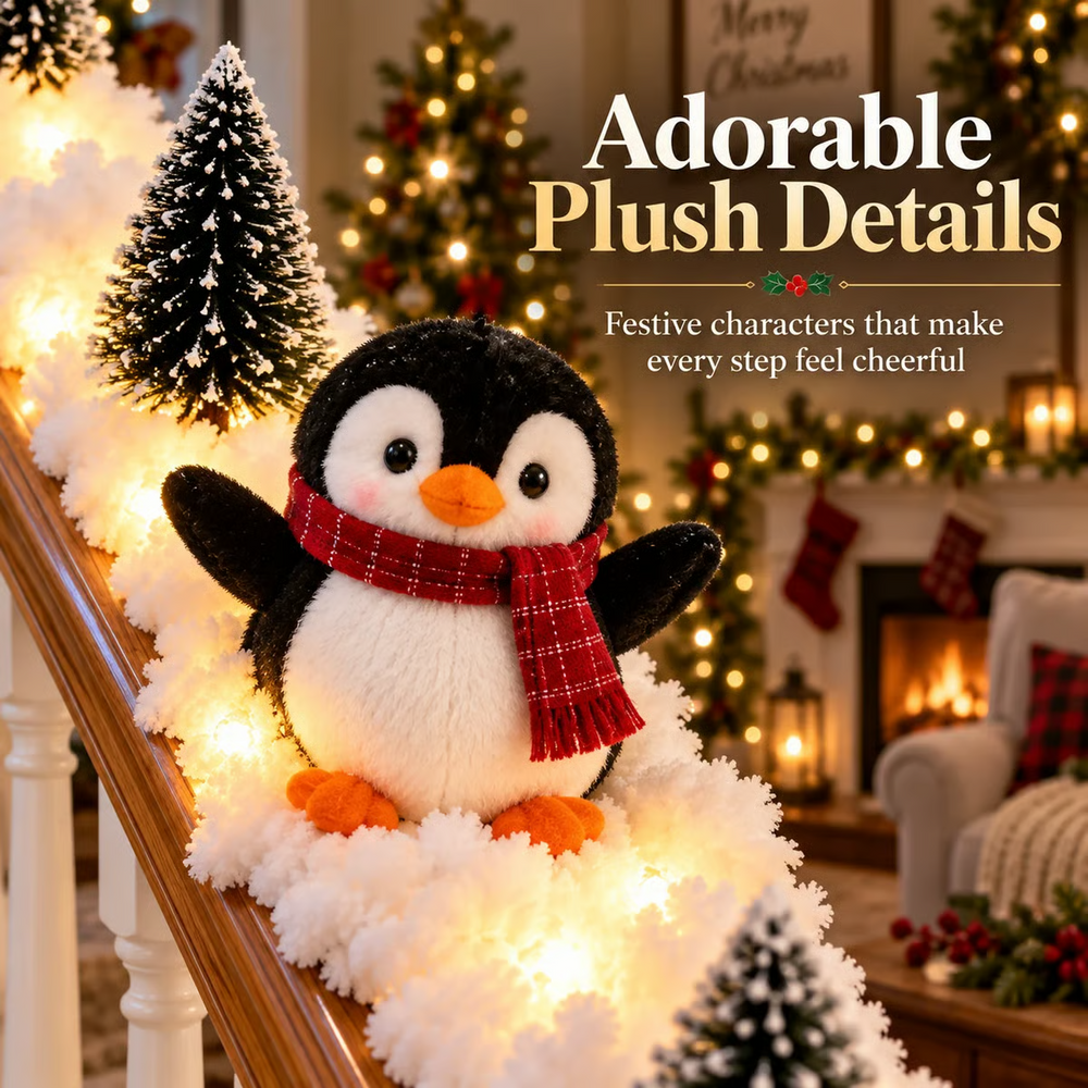 Penguin Christmas staircase winter scene