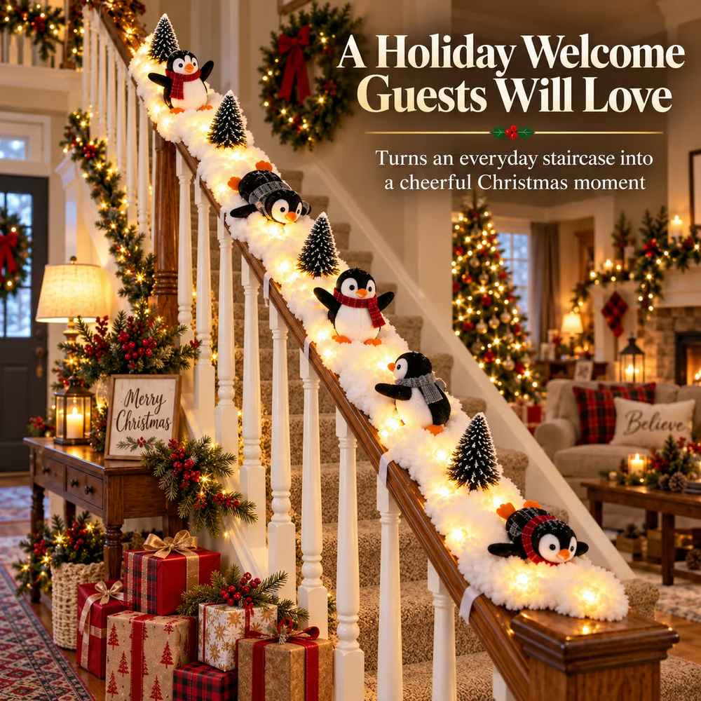 Full penguin Christmas stair railing scene