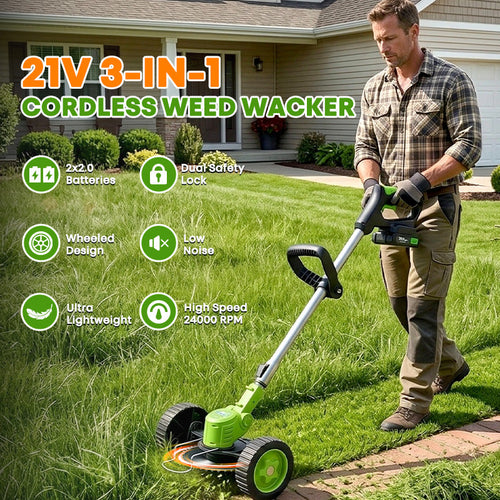 ⚡3-in-1 Cordless Lawn Mower with 2×21V Batteries, German Quality Lightweight Grass Trimmer & Edger for Small to Medium Gardens