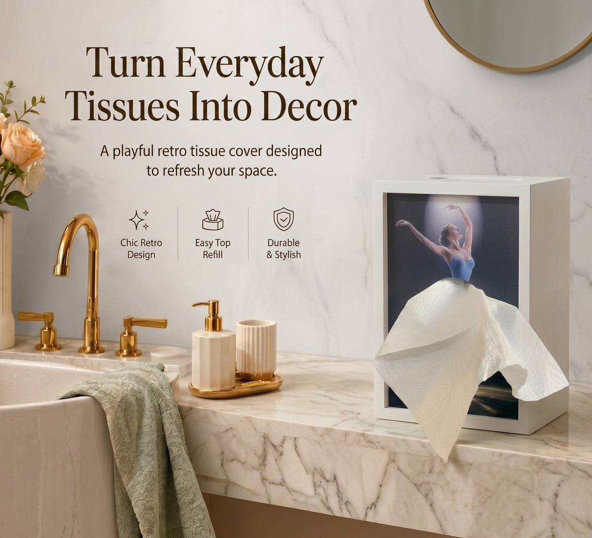 Ballerina tissue box displayed by a bathroom sink