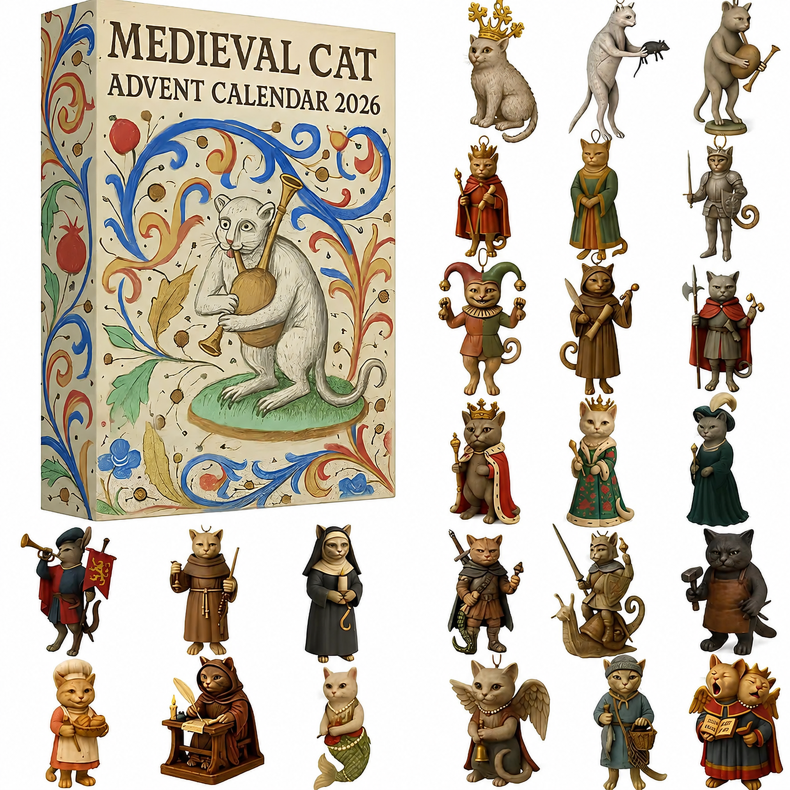 Complete collection of 24 Medieval Cat ornaments