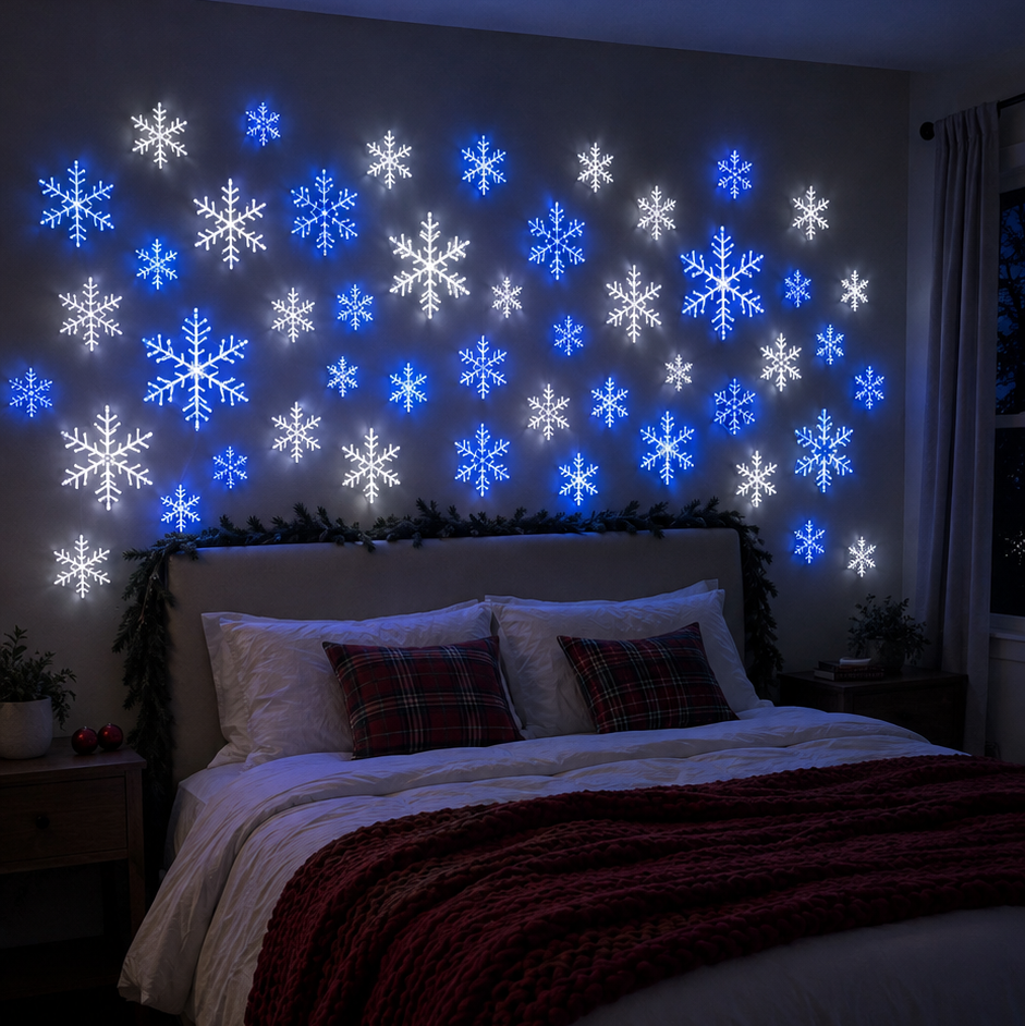 Multiple snowflake wall light sets decorating Christmas home