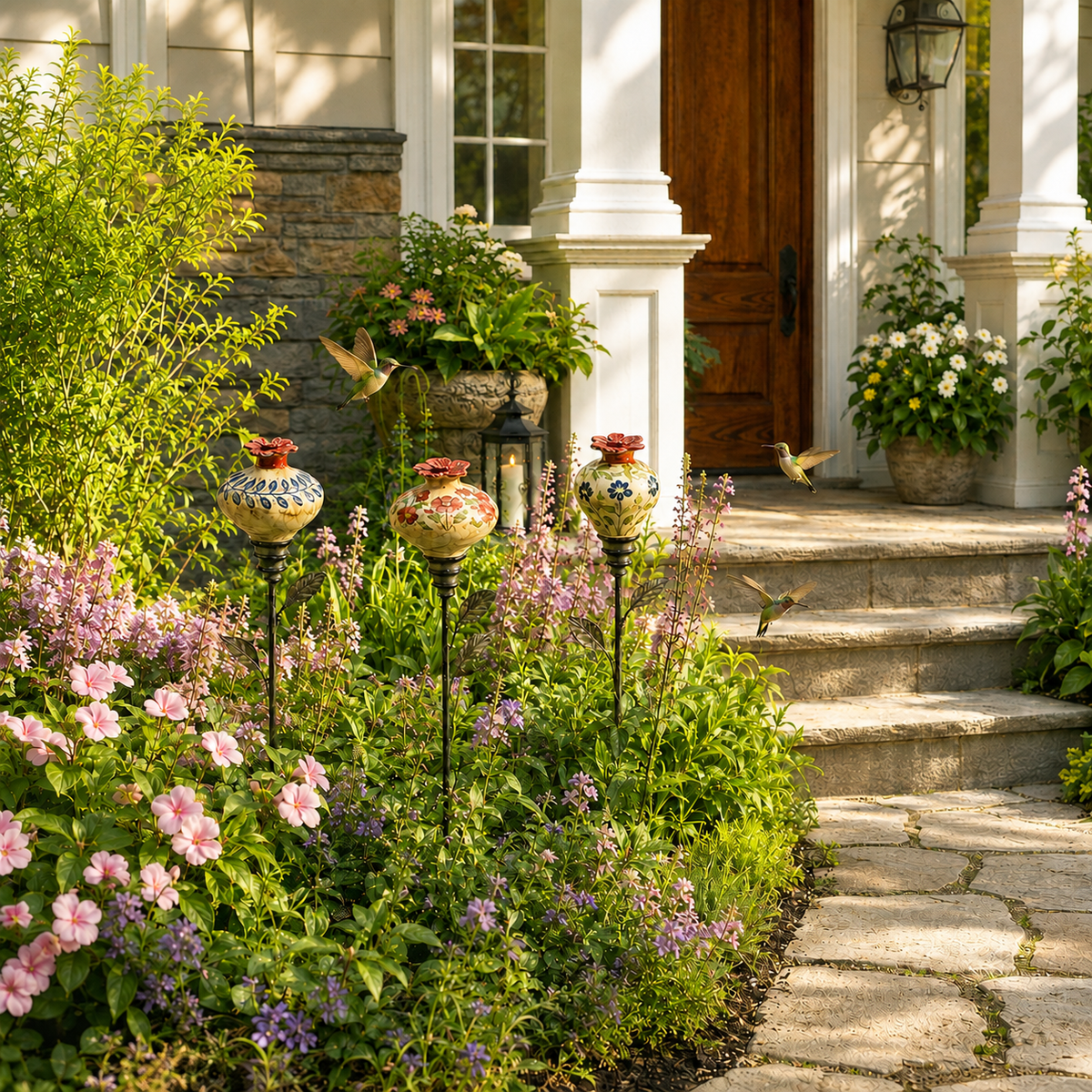 Vintage ceramic hummingbird feeders displayed in a cottage garden