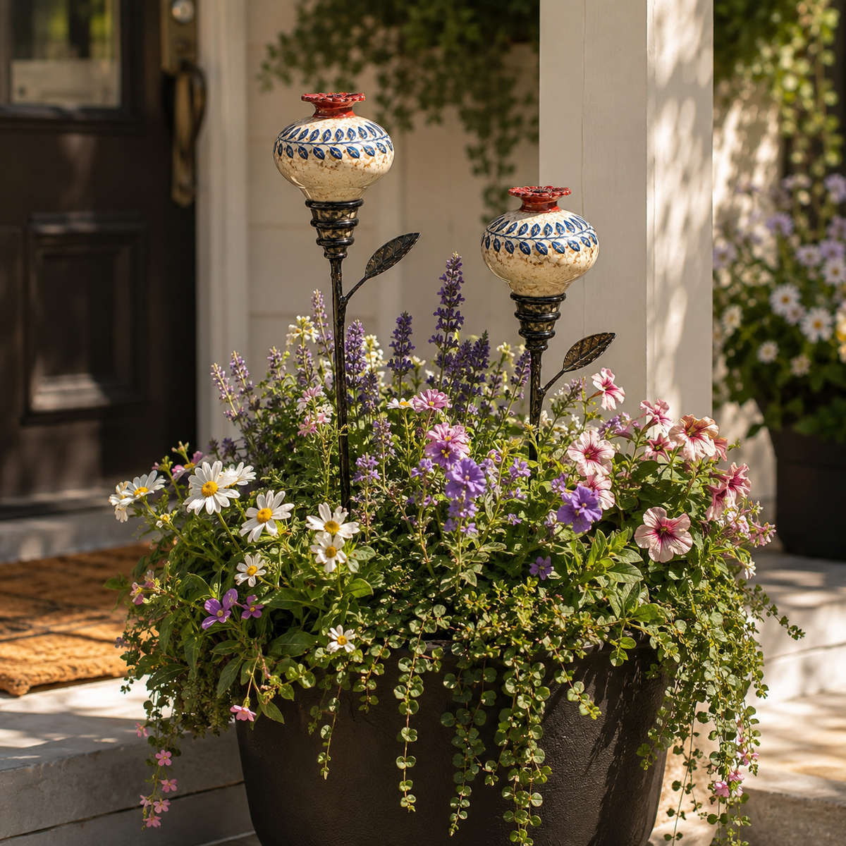 Ceramic hummingbird feeders displayed near a porch