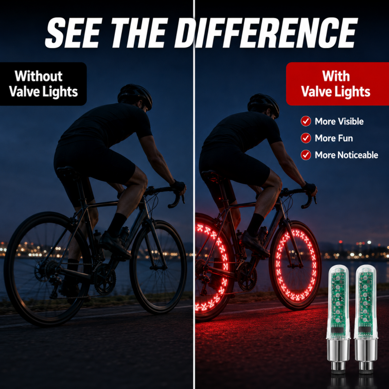 Bike wheel valve stem lights at night