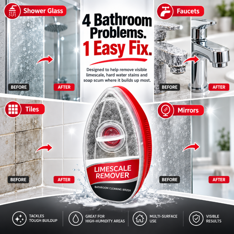Examples of buildup around bathroom glass, faucets, tiles and mirrors