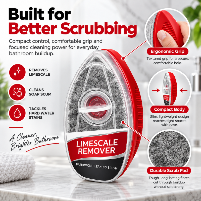 ScrubEase refillable bathroom scrubber with grip, pad and body detail