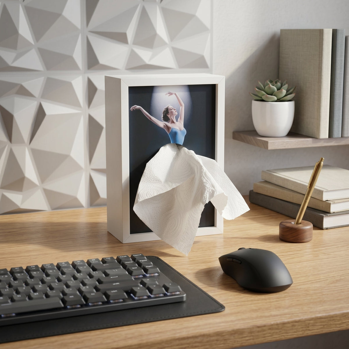 Framed ballerina tissue box on a wooden desk, with tissues forming the dancer's skirt